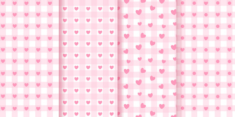 Set of pink Gingham seamless patterns with hearts and polka dots. Sweet pastel checkered backgrounds for Valentine, wedding, and baby shower designs. Romantic vector illustration.