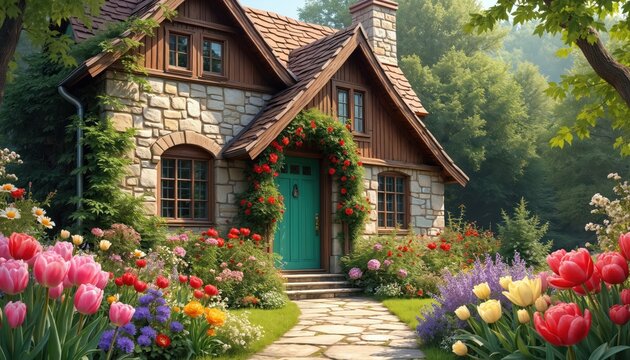 Stone cottage with vibrant flowers and green garden path. Rich trees surround cozy house featuring bright red roses arching over turquoise door, blooming tulips tulips and daisies. - Powered by Adobe