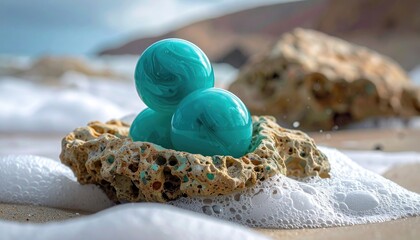 Three translucent teal spheres with swirling patterns rest on a porous coral formation on a sandy beach with gentle waves lapping at the shore under a bright sky