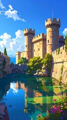 Picturesque castle stands near water, under a blue sky with white clouds, surrounded by verdant foliage and flowers