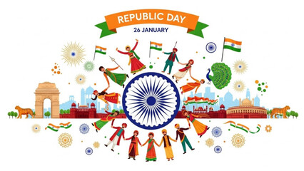 Vibrant republic day celebration illustration with traditional indian dancers and cultural