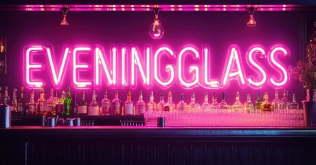 Bar interior features bright pink neon sign reading Eveningglass. Bottles line shelf behind counter, dimly lit space.