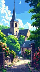 Picturesque church towers over a verdant scene with roses and a winding path under a clear blue sky with crescent moon