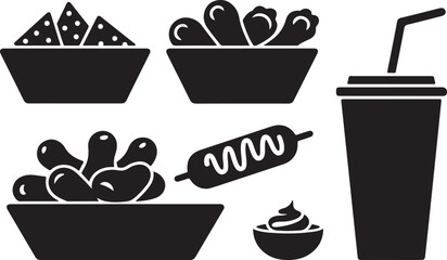 Assorted snack food items and beverage nachos chicken wings © Masud