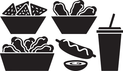 Assorted snack food items and beverage nachos chicken wings