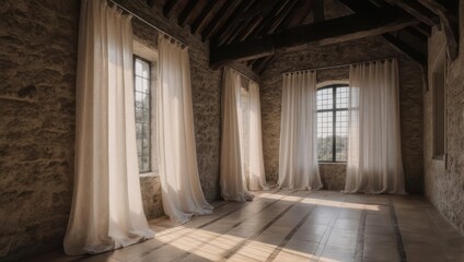 Sunlit Room with Stone Walls and Flowing Curtains.