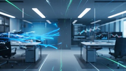 Vibrant blue abstract light lines representing data flow and digital connectivity surge dynamically through a blurred, modern open-plan office environment.