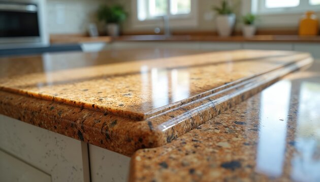 Polished speckled granite countertop edge detail in kitchen. Warm amber tones with dark flecks create a luxurious work surface. Elegant bevelled edge with smooth glossy finish.