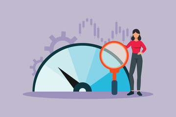 A person analyzes benchmarking data with a magnifying glass. Benchmarking Concept. Colored flat vector illustration isolated
