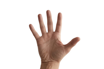 Hand with palm facing forward and fingers spread isolated on a transparent background