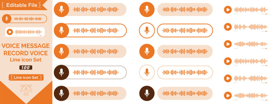 Voice message. Record voice note messages players with waveforms, playback controls and durations audio icons. Cell phone UI design, smartphone chat app, podcast interfaces elements