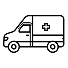 Outline drawing ambulance with cross marking, wheels, and side door depicted in simple monochrome lines
