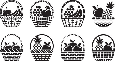 Collection of eight fruit basket illustrations in a simple line art silhouette style