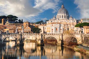 St. Peter's Basilica in Vatican City with the Tiber River passing through Rome, Italy
