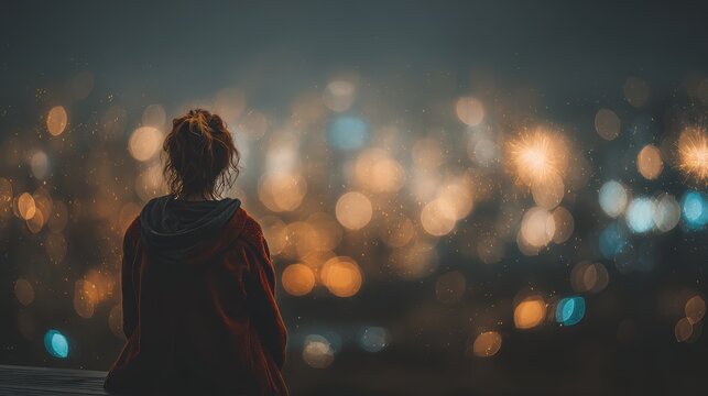 Contemplation Amidst City Lights: A solitary figure, cloaked in introspection, gazes upon the mesmerizing panorama of city lights, evoking a sense of calm and solitary