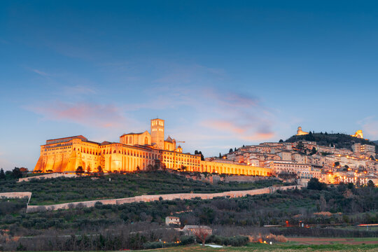 Assisi, Italy town skyline with the Basilica of Saint Francis of Assisi