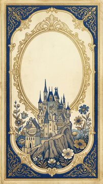 A detailed illustration depicts an antique castle design with decorative frame, perfect for your project.