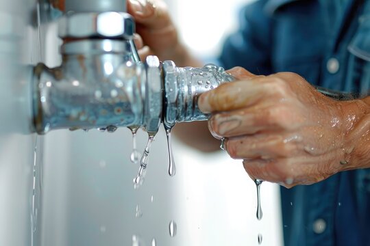 Close-up of plumber hands repairing a leaking metal pipe, water dripping during home maintenance and emergency plumbing service