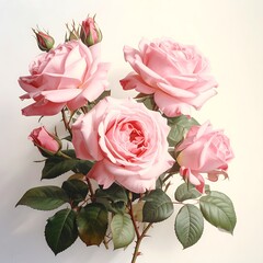 Pink roses are captured in a bright studio photo against a soft background, showcasing detail and gentle color