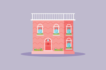Cute two story buildin. Cute House and Building Concept. Colored flat vector illustration isolated