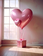 Pink heart balloons and gift box sit by a sunlit window in a soft, pink room