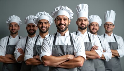 Six chefs in uniform stand together smiling. They are dressed in white chef coats and grey aprons with matching hats. Their arms are crossed. They look confident and ready.