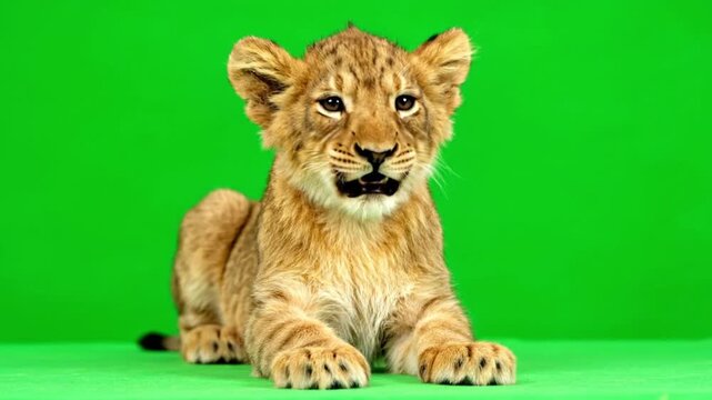 An irresistibly cute and curious lion cub, with its mouth slightly open, lies comfortably on a vibrant green screen, ready for digital integration.