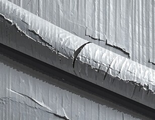 Peeling paint on metal pipe against a textured wall creating a grayscale abstract pattern with angular, sharp details