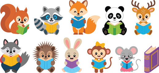 Obraz premium Cartoon animals reading books, cute literacy illustration, educational forest characters, kids learning clipart, book lovers, study theme