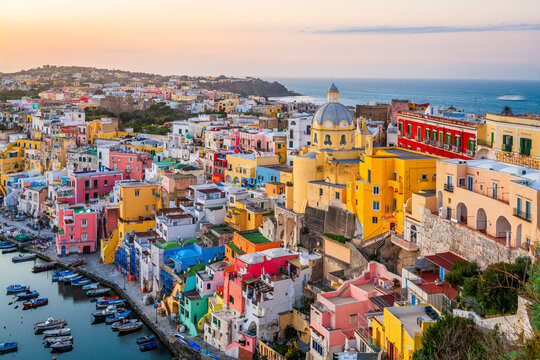 Procida, Italy old town skyline in the Mediterranean Sea