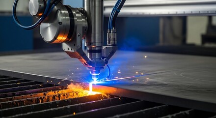 Industrial laser cutting machine precisely cutting a metal sheet with sparks