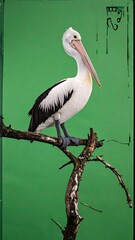 Pelican perched on a branch, showcasing its black and white plumage against a stark green background