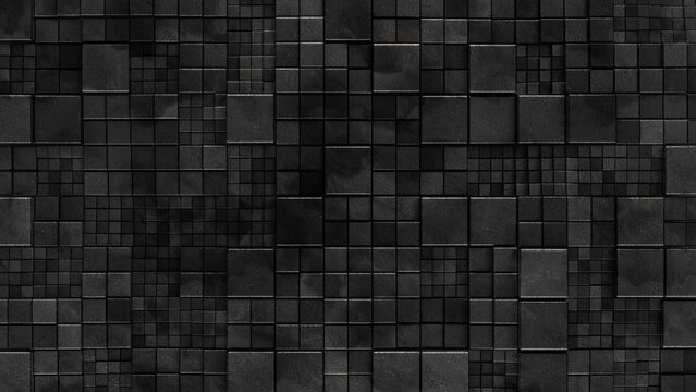 Abstract 3D render of dark square tiles arranged in an uneven geometric grid. The composition highlights rough and smooth textures, matte surfaces, and intricate divisions, creating a minimalist