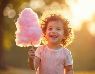 Smiling child holds pink cotton candy outdoors. Curly-haired kid enjoys sweet treat with warm sunlight. Happy childhood moment in nature park, pure joy and fun.