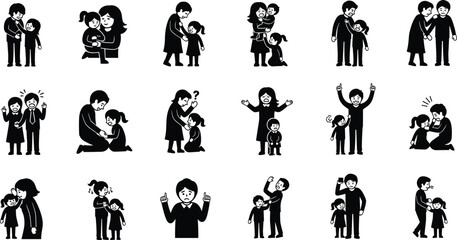 Fototapeta premium Collection of Black and White Iconographic Depicting Parental Interactions with Children Showing Various Emotions and Situations