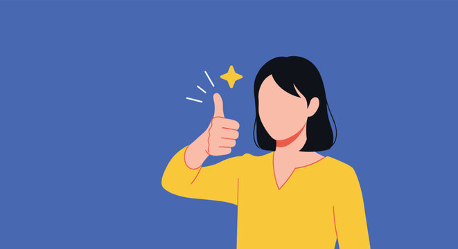 Happy young woman shows a thumbs up gesture of approval and success against a solid blue background illustration.