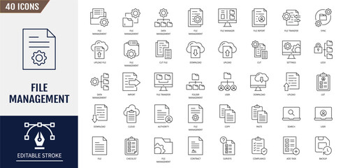 File management icon set. Data, folder, lock, login, sync, lock, search and more. Vector illustration