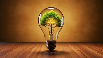 Sustainable innovation with a tree inside a glowing light bulb on wooden desk