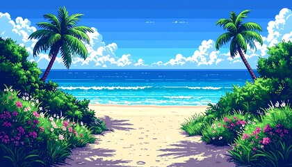 Pixelated beach scene with palm trees, white sand, teal water, bushes, and white fluffy clouds against blue skies