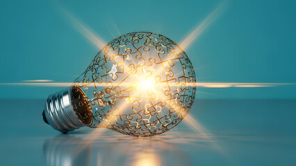 Innovative light bulb with puzzle pieces glowing brightly on reflective surface