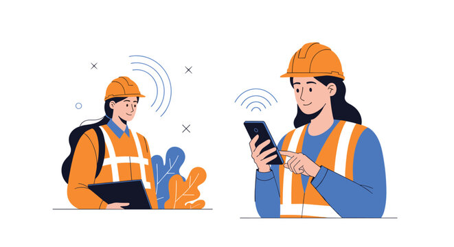 Two female engineers in safety gear use mobile technology to communicate and manage tasks at a construction site.