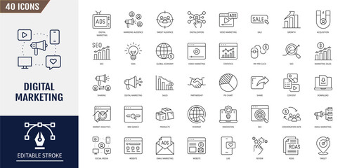 Digital marketing icon set. Seo, content, website, social media, sales, online advertising and more. Vector illustration