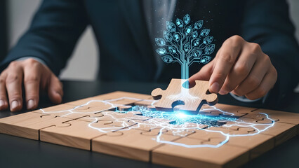 Businessman solving puzzle with glowing tree piece