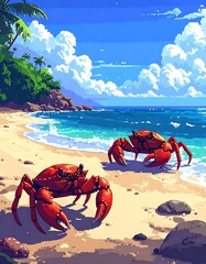 Pixelated beach scene with two red crabs on the shore, blue water, and palm trees