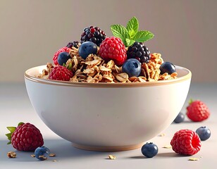 Overflowing bowl of granola, raspberries, blackberries, and blueberries garnished with mint sprig, sitting on a gray surface