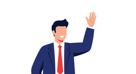 Friendly businessman in a blue suit and red tie waves his hand to greet colleagues or say goodbye at the office.