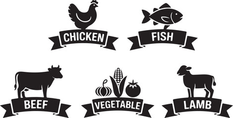 Food icons with animal silhouettes and banner labels for pork chicken fish beef © Masud
