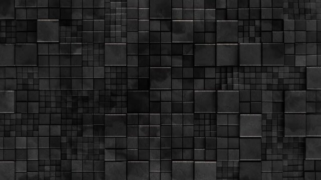 4K 3D animation of dark square tiles rising and falling in random sequence, creating a dynamic abstract background. The composition emphasizes texture, uneven divisions, and subtle lighting