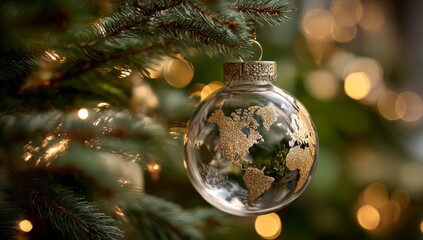 Christmas World Map Globe Ornament Ball in Gold and Green Colors