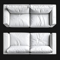 Overhead view of a white, two-piece sectional couch with plush cushions and low armrests on a black background